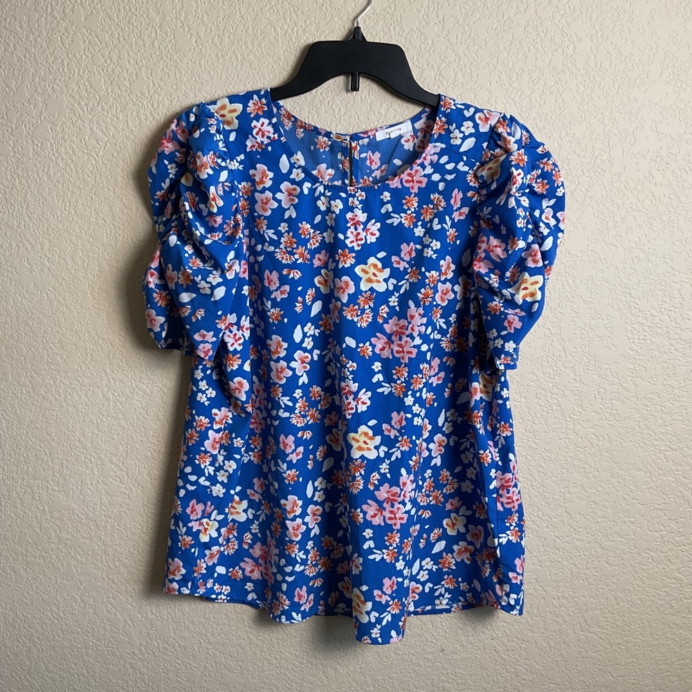 Pleione Womens Large Blue Floral Puff Sleeve Blouse Top Girly Summer Feminine